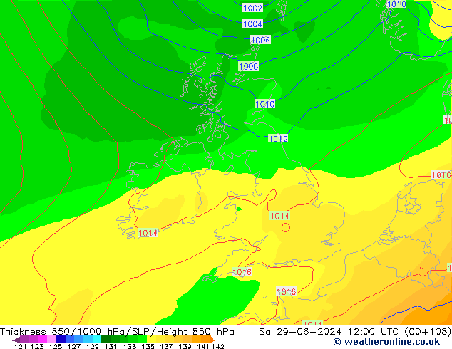 Espesor 850-1000 hPa ECMWF sáb 29.06.2024 12 UTC