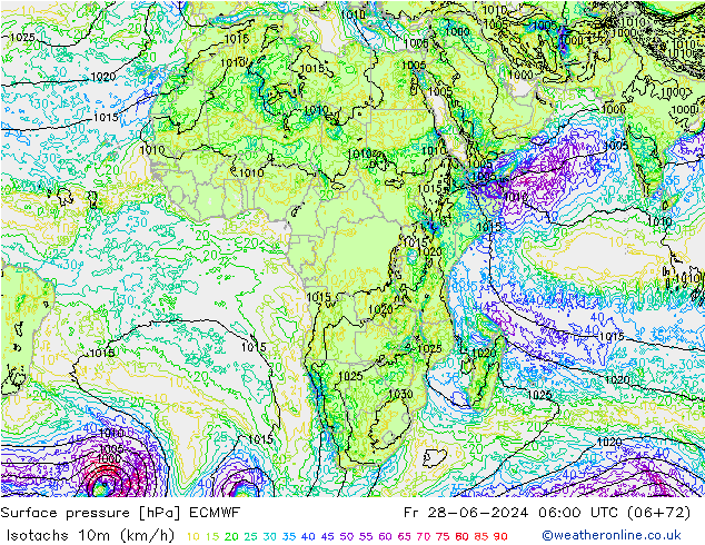 Isotachs (kph) ECMWF Fr 28.06.2024 06 UTC