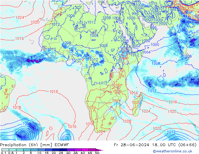 Precipitation (6h) ECMWF Fr 28.06.2024 00 UTC