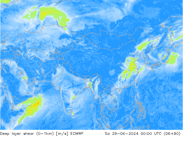 Deep layer shear (0-1km) ECMWF za 29.06.2024 00 UTC