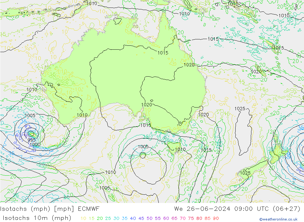 Isotachs (mph) ECMWF  26.06.2024 09 UTC