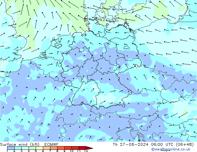 ве�Bе�@ 10 m (bft) ECMWF чт 27.06.2024 06 UTC