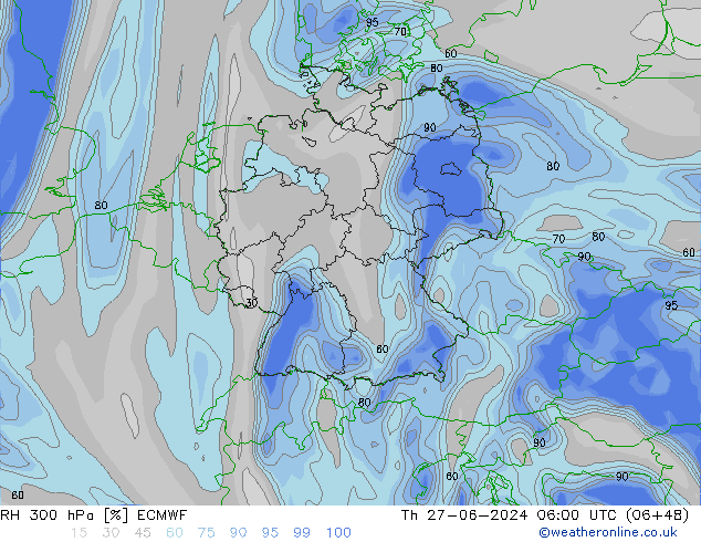 RH 300 hPa ECMWF czw. 27.06.2024 06 UTC