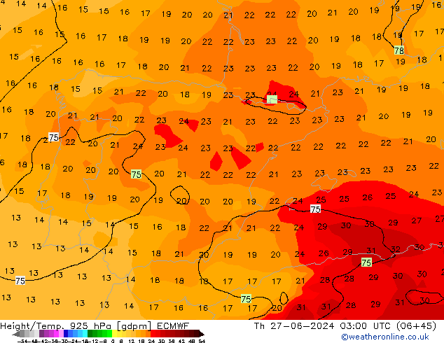 Height/Temp. 925 hPa ECMWF Čt 27.06.2024 03 UTC