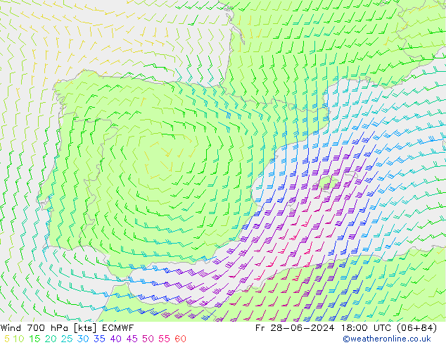 wiatr 700 hPa ECMWF pt. 28.06.2024 18 UTC