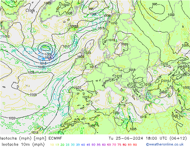 Isotachs (mph) ECMWF 星期二 25.06.2024 18 UTC