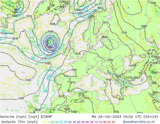 Isotachs (mph) ECMWF We 26.06.2024 06 UTC