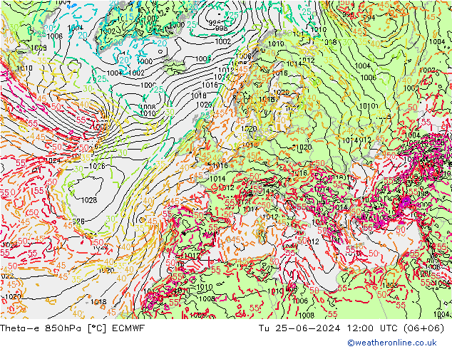 Theta-e 850hPa ECMWF 星期二 25.06.2024 12 UTC