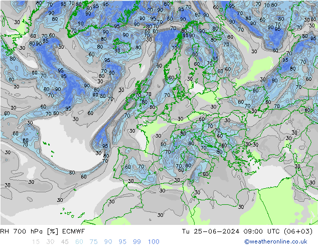 RH 700 гПа ECMWF вт 25.06.2024 09 UTC