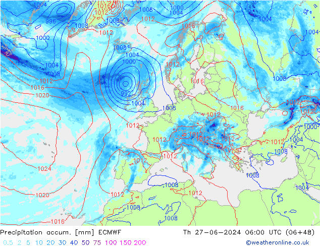 Precipitation accum. ECMWF Qui 27.06.2024 06 UTC