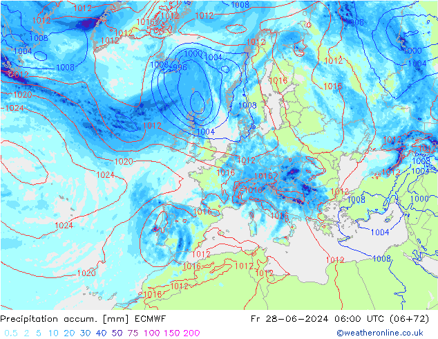 Precipitation accum. ECMWF Pá 28.06.2024 06 UTC