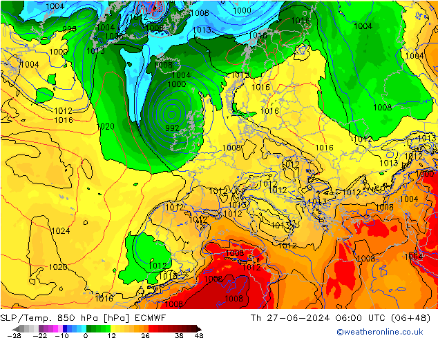 SLP/Temp. 850 hPa ECMWF gio 27.06.2024 06 UTC