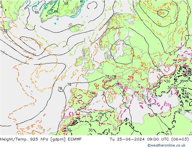 Géop./Temp. 925 hPa ECMWF mar 25.06.2024 09 UTC