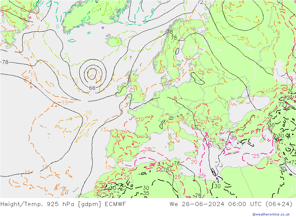 Height/Temp. 925 hPa ECMWF Mi 26.06.2024 06 UTC