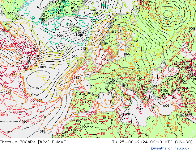 Theta-e 700hPa ECMWF 星期二 25.06.2024 06 UTC