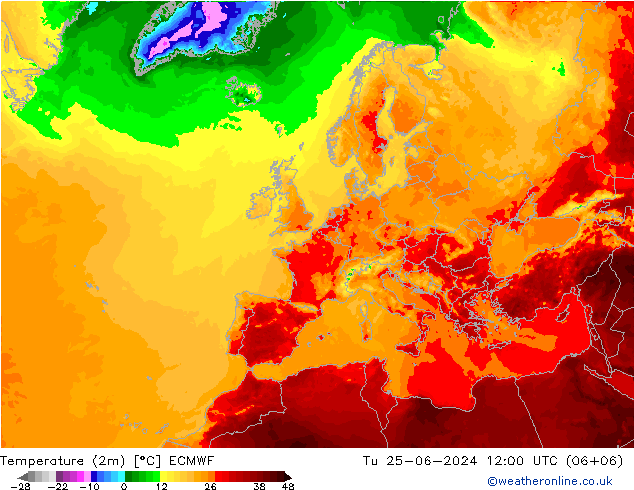 Temperature (2m) ECMWF Tu 25.06.2024 12 UTC