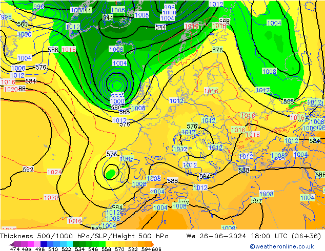 Espesor 500-1000 hPa ECMWF mié 26.06.2024 18 UTC