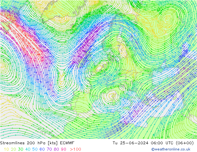 Linea di flusso 200 hPa ECMWF mar 25.06.2024 06 UTC