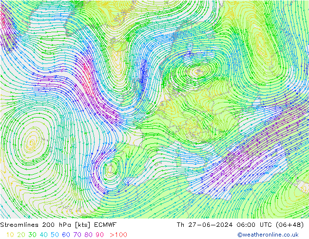 Streamlines 200 hPa ECMWF Th 27.06.2024 06 UTC