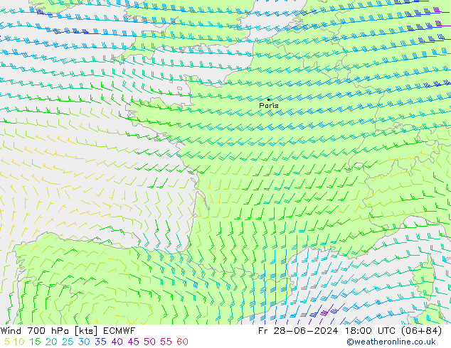 wiatr 700 hPa ECMWF pt. 28.06.2024 18 UTC