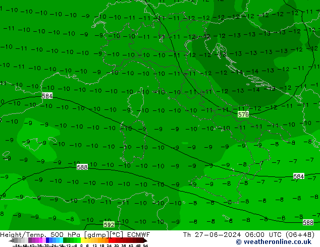 Z500/Rain (+SLP)/Z850 ECMWF gio 27.06.2024 06 UTC