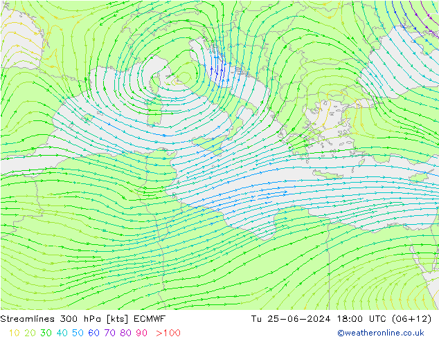 Streamlines 300 hPa ECMWF Tu 25.06.2024 18 UTC