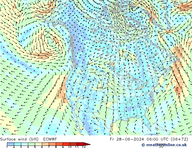 Surface wind (bft) ECMWF Pá 28.06.2024 06 UTC