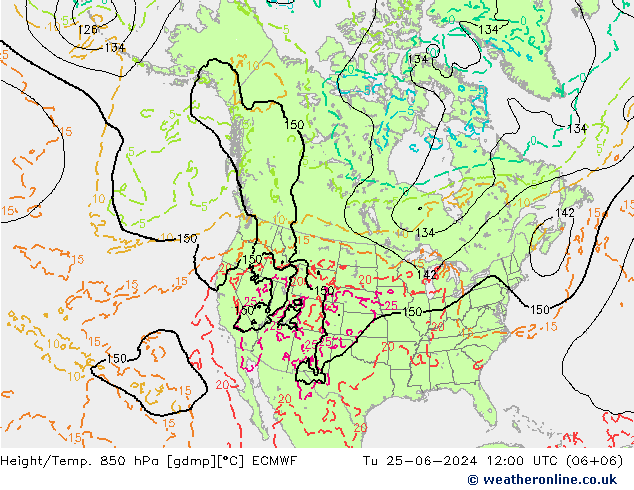 Z500/Rain (+SLP)/Z850 ECMWF Út 25.06.2024 12 UTC