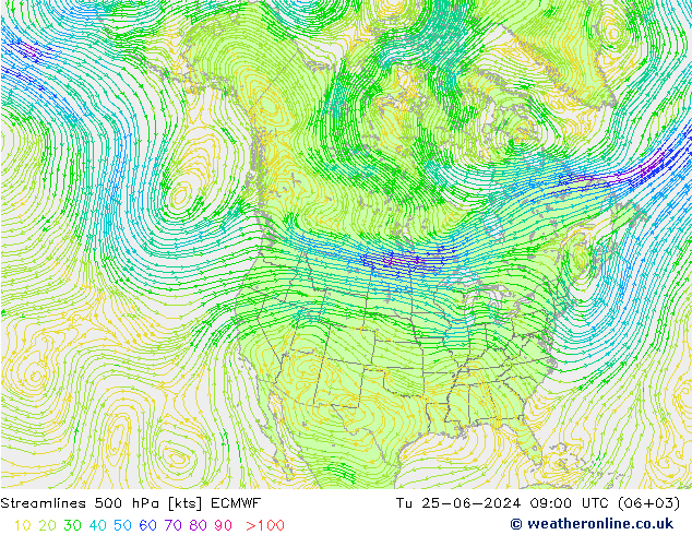 风 500 hPa ECMWF 星期二 25.06.2024 09 UTC