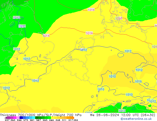 Thck 700-1000 hPa ECMWF Qua 26.06.2024 12 UTC