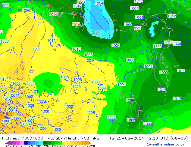 Thck 700-1000 hPa ECMWF wto. 25.06.2024 12 UTC