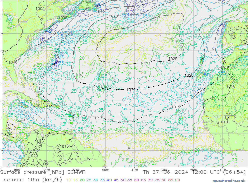 Isotachen (km/h) ECMWF do 27.06.2024 12 UTC