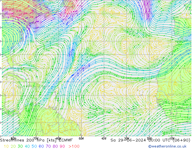 Streamlines 200 hPa ECMWF Sa 29.06.2024 00 UTC