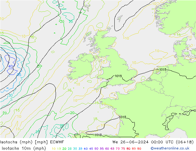 Isotaca (mph) ECMWF mié 26.06.2024 00 UTC