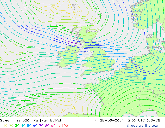 Línea de corriente 500 hPa ECMWF vie 28.06.2024 12 UTC