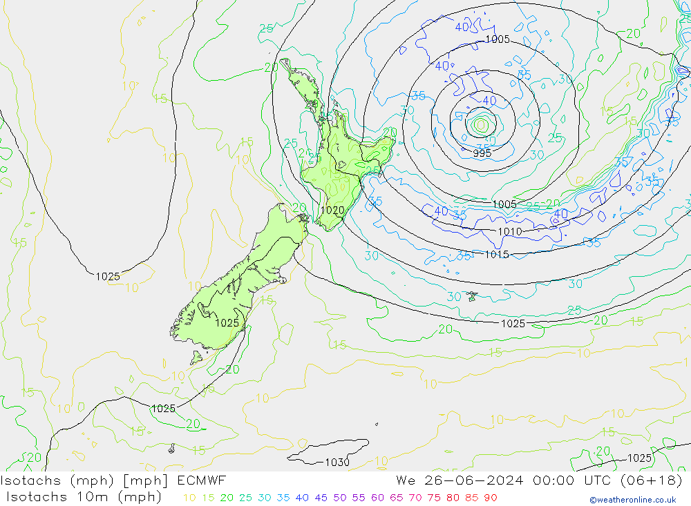 Isotachen (mph) ECMWF wo 26.06.2024 00 UTC