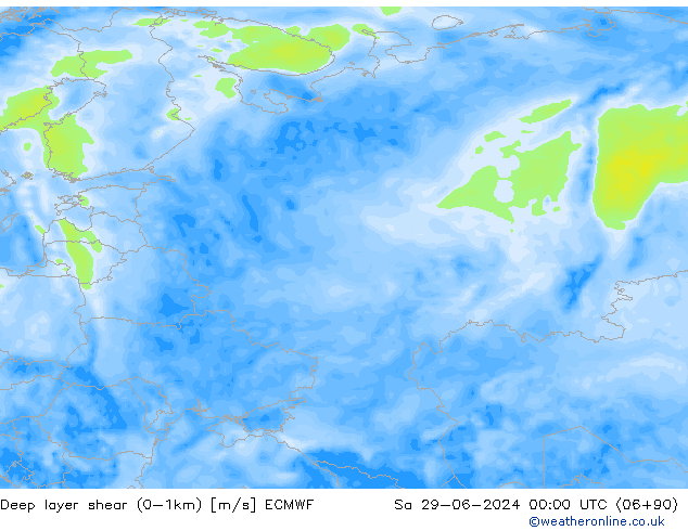 Deep layer shear (0-1km) ECMWF Sa 29.06.2024 00 UTC