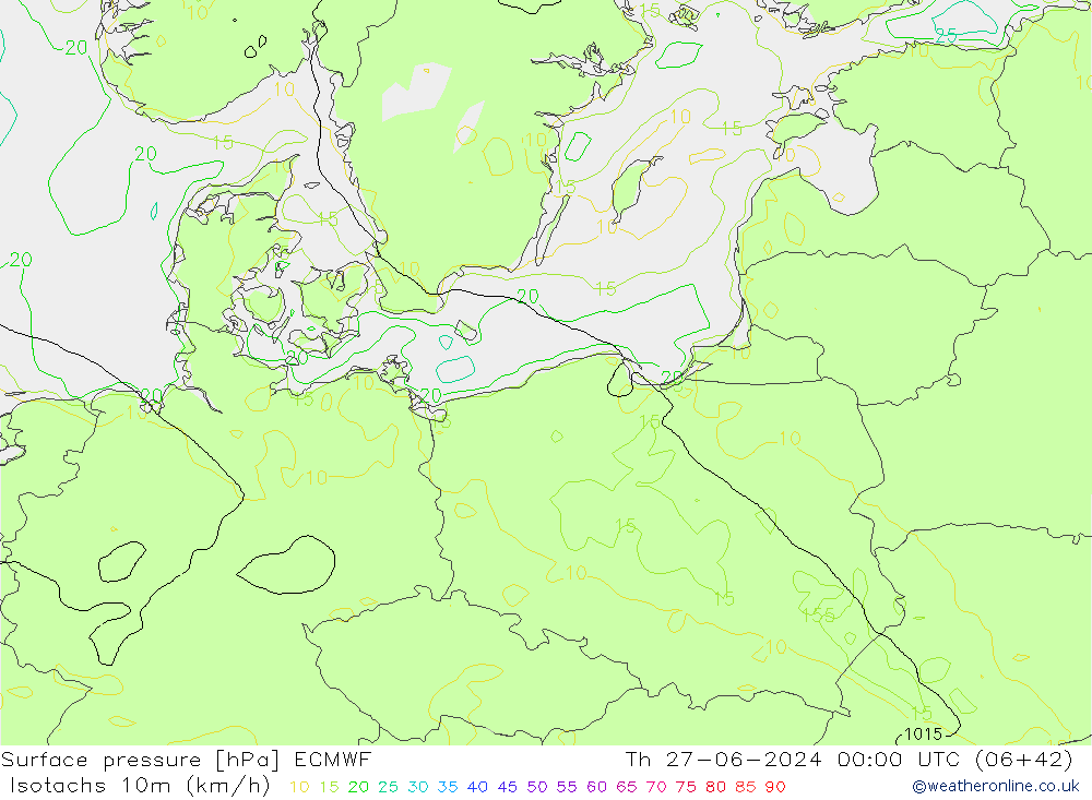 Isotaca (kph) ECMWF jue 27.06.2024 00 UTC