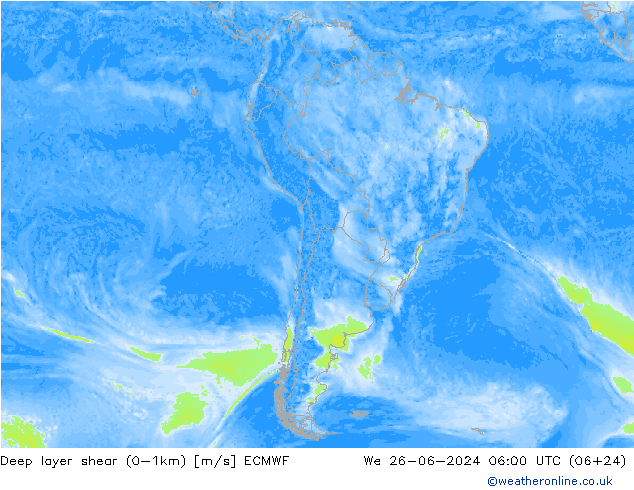 Deep layer shear (0-1km) ECMWF Çar 26.06.2024 06 UTC