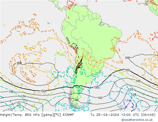 Height/Temp. 850 hPa ECMWF Út 25.06.2024 12 UTC