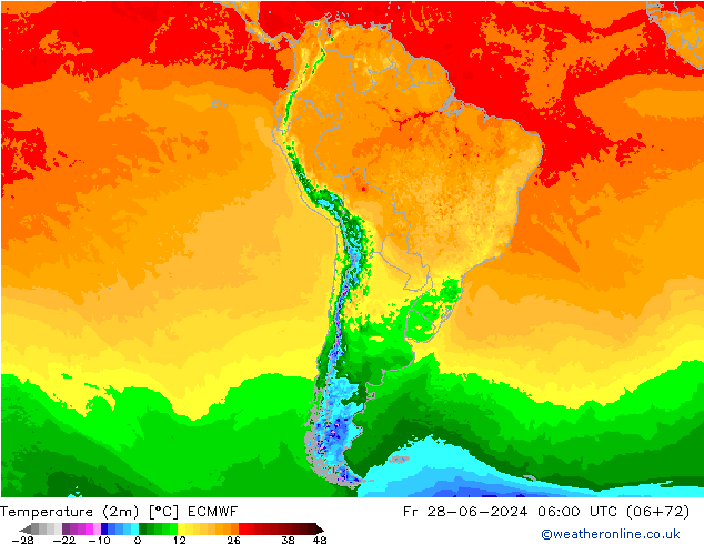 mapa temperatury (2m) ECMWF pt. 28.06.2024 06 UTC