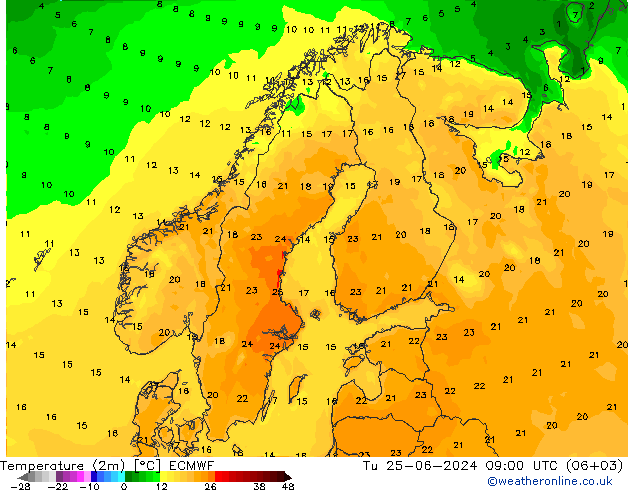 température (2m) ECMWF mar 25.06.2024 09 UTC