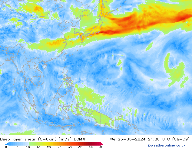 Deep layer shear (0-6km) ECMWF St 26.06.2024 21 UTC