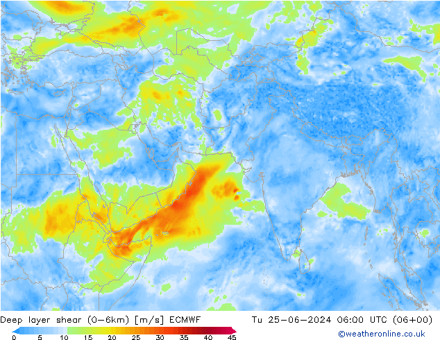 Deep layer shear (0-6km) ECMWF Sa 25.06.2024 06 UTC