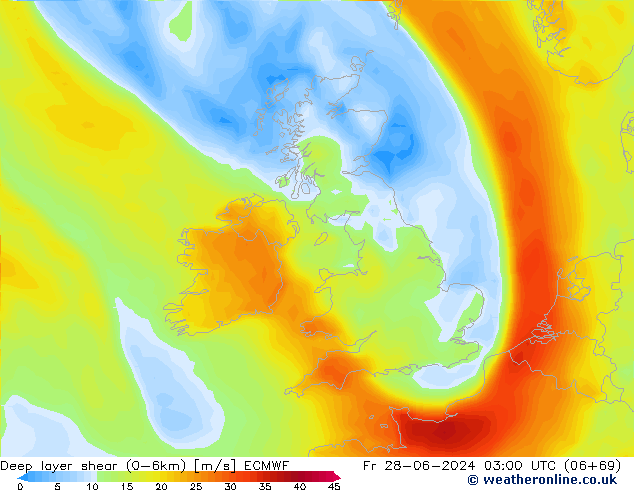 Deep layer shear (0-6km) ECMWF Fr 28.06.2024 03 UTC