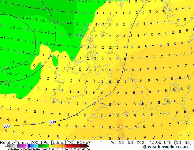 Height/Temp. 700 гПа ECMWF ср 26.06.2024 15 UTC