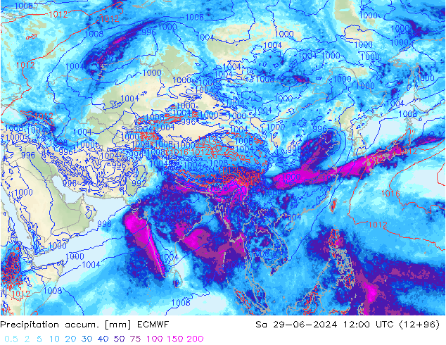 Precipitation accum. ECMWF Sa 29.06.2024 12 UTC