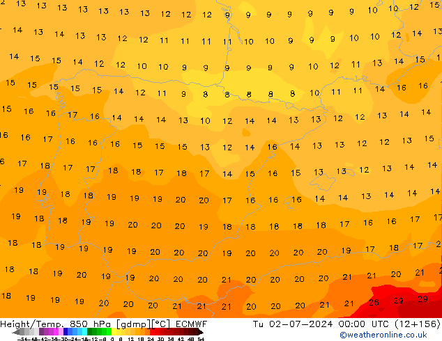 Hoogte/Temp. 850 hPa ECMWF di 02.07.2024 00 UTC