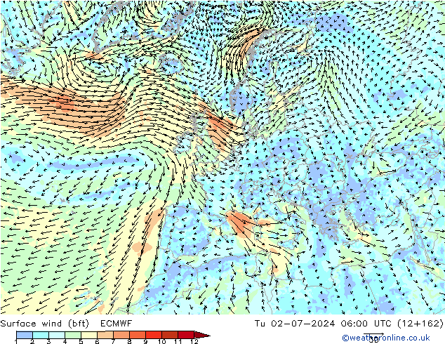 Surface wind (bft) ECMWF Tu 02.07.2024 06 UTC