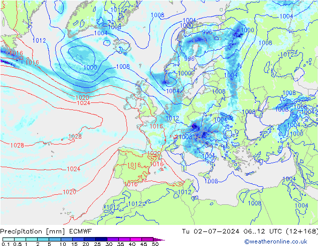 Neerslag ECMWF di 02.07.2024 12 UTC